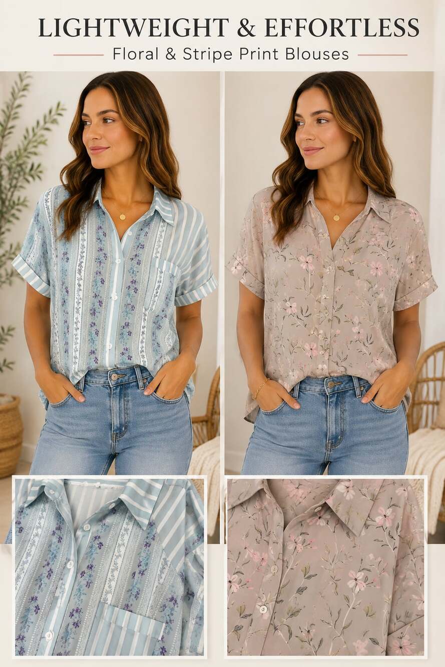 Floral & Stripe XL Set of 2  Short Sleeve Button Down Blouse